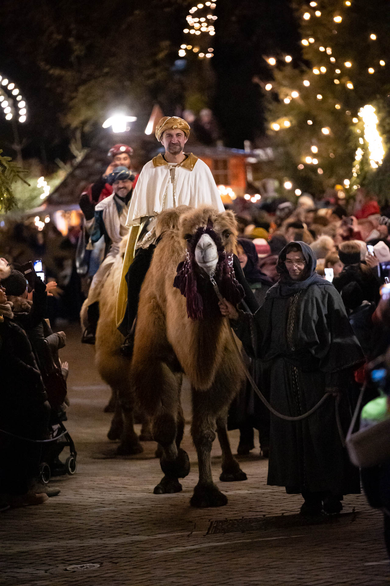 Die Heiligen Drei Könige auf Kamelen ziehen feierlich durch die Straßen des Bad Hindelang Weihnachtsmarkts.