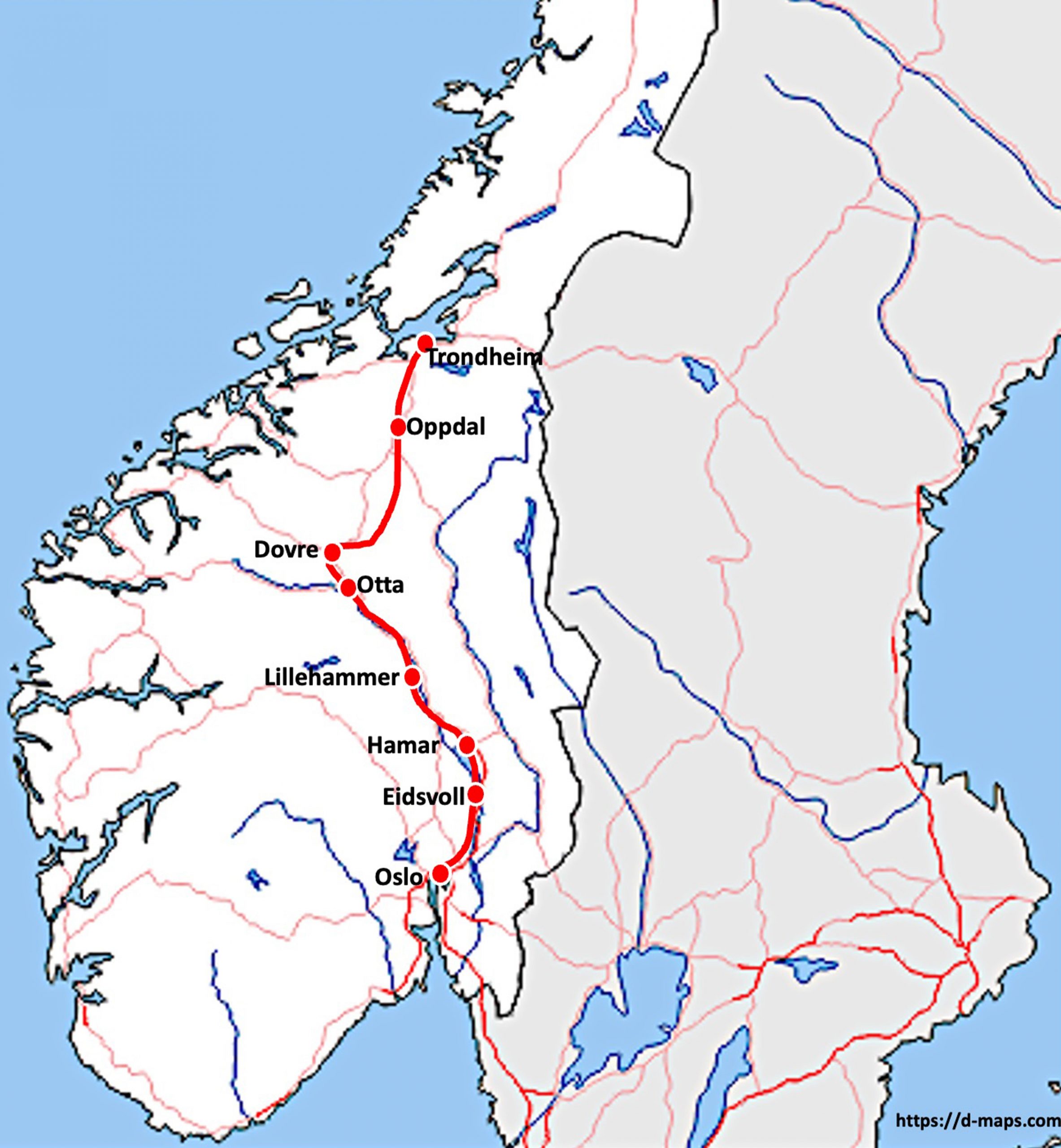 Karte von Norwegen mit markierter Pilgerroute des Olavswegs von Oslo über Eidsvoll, Hamar, Lillehammer, Otta, Dovre und Oppdal bis nach Trondheim. © d-maps.com