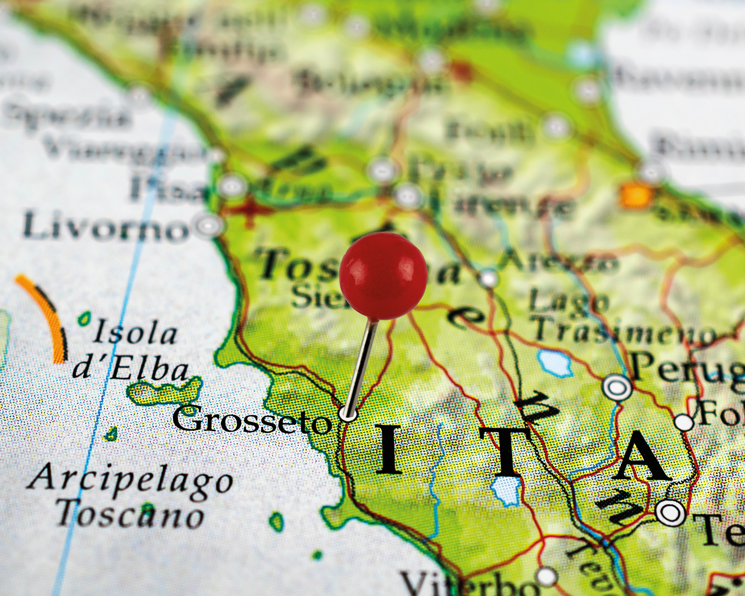 Landkarte der Toskana mit markierter Lage von Grosseto in Mittelitalien.