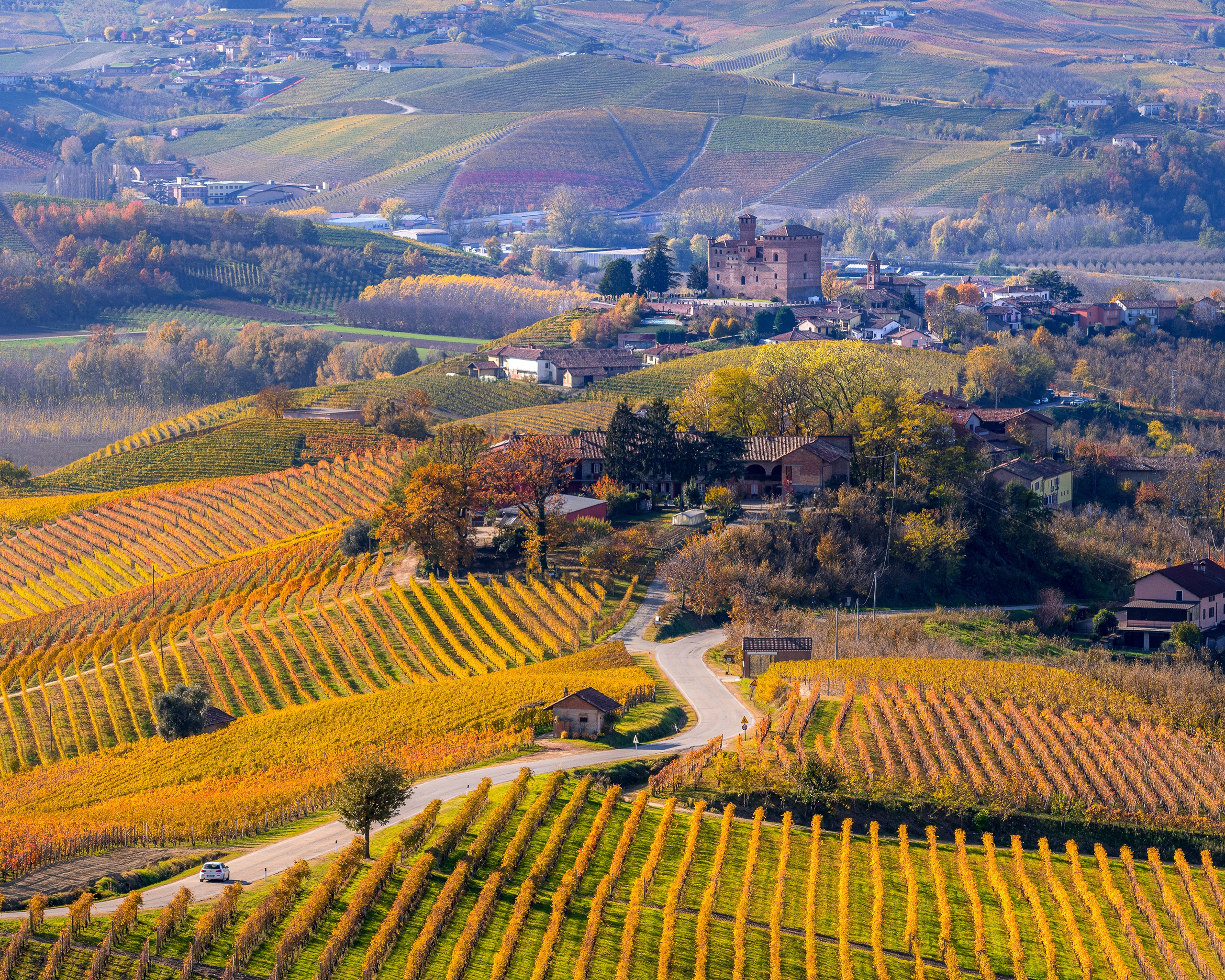 Sanfte Weinberge und malerische Hügellandschaft des Piemonts mit kleinen Dörfern und historischem Schloss.