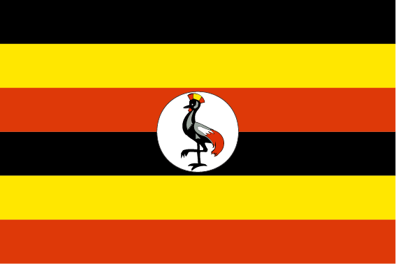 Flagge von Uganda mit sechs horizontalen Streifen in Schwarz, Gelb und Rot sowie einem weißen Kreis in der Mitte mit dem nationalen Wappentier, dem Kronenkranich.