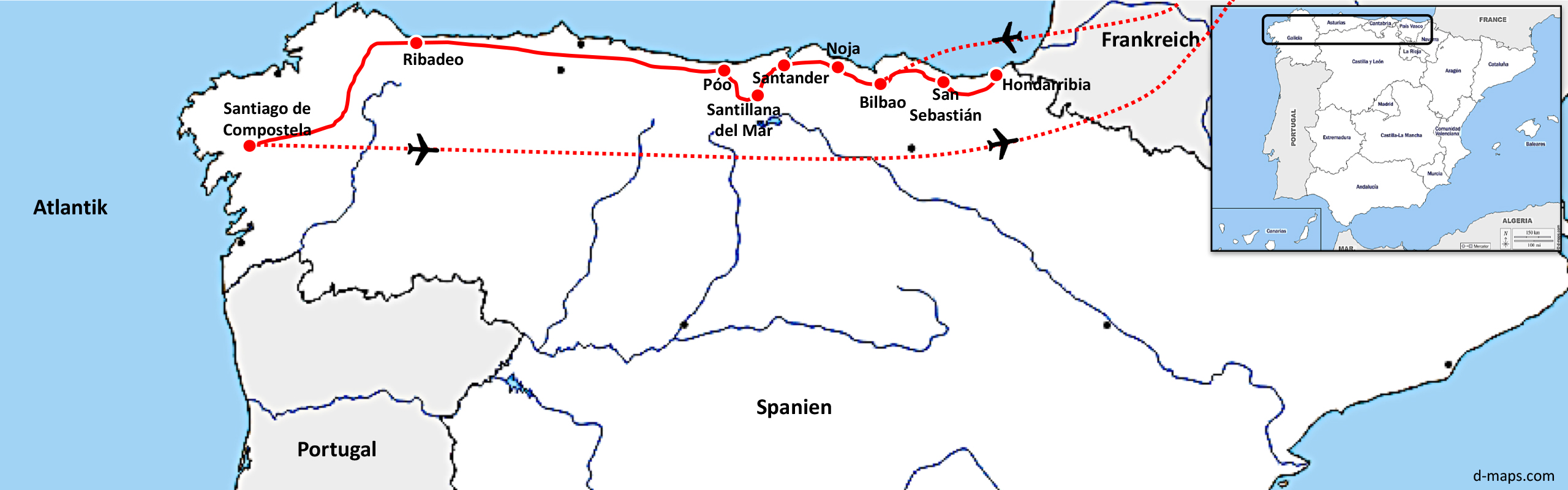 Übersichtskarte des Camino del Norte mit markierter Pilgerroute entlang der spanischen Atlantikküste von Hondarribia über San Sebastián, Bilbao, Santander und Ribadeo bis nach Santiago de Compostela. © d-maps.com