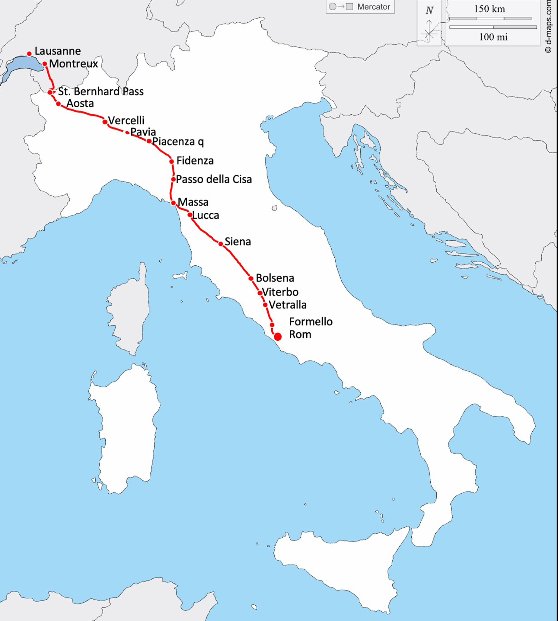 Karte der Via Francigena mit markierter Route inklusive Ortsnamen und Streckenverlauf. © d-maps.com