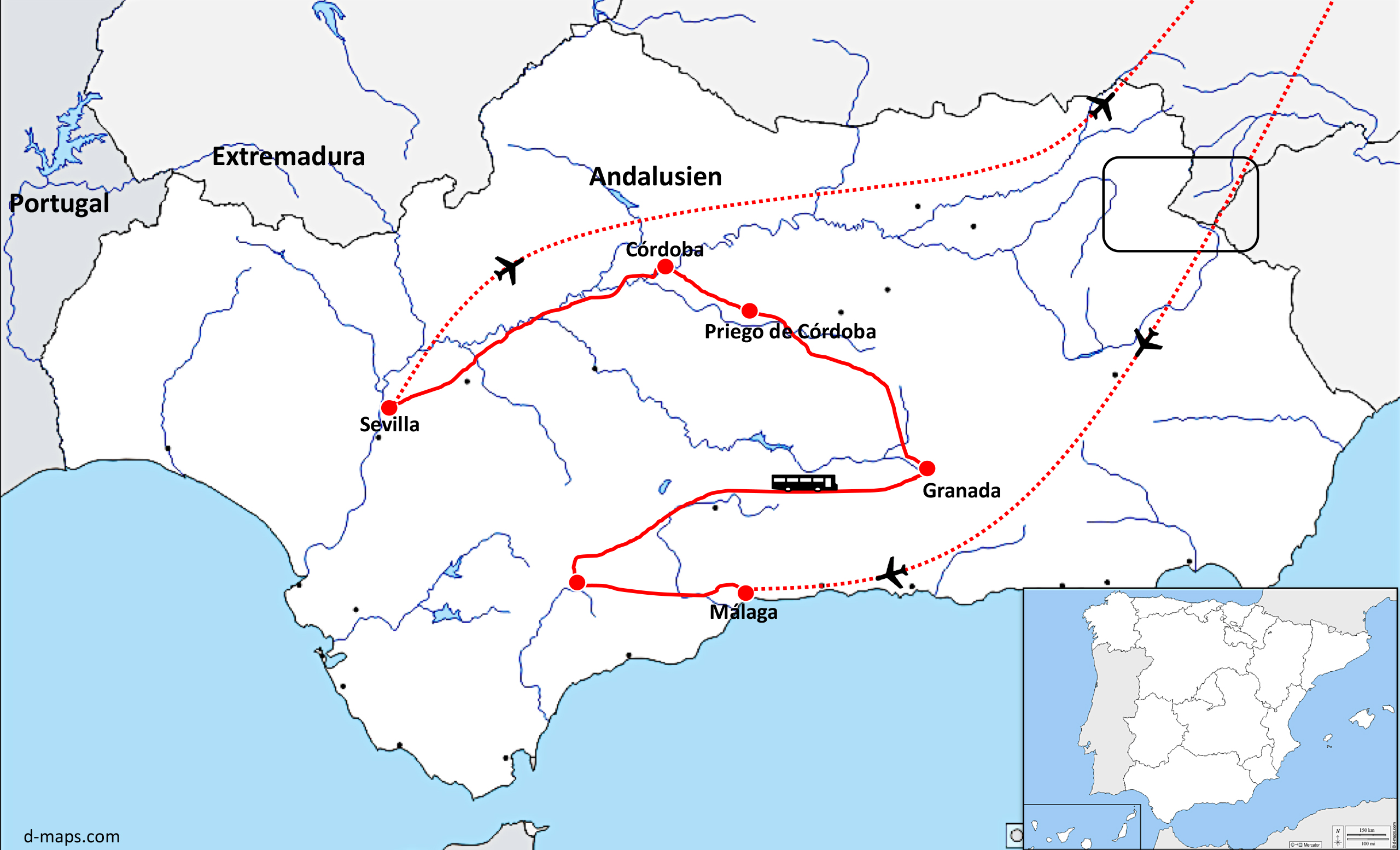 Übersichtskarte von Andalusien in Spanien mit eingezeichneter Reiseroute über Sevilla, Córdoba, Priego de Córdoba, Granada und Málaga, rote Linien markieren Bus- und Flugstrecken, Beschriftungen der Regionen und Städte im Kartenbild. © d-maps.com