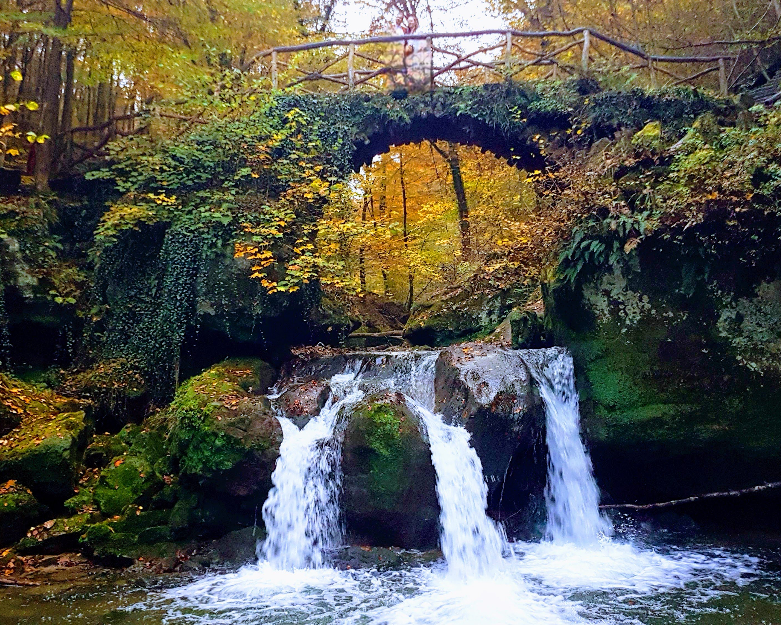 Kleiner Wasserfall unter einer bogenförmigen Steinbrücke, umgeben von herbstlich gefärbtem Wald in der Müllerthal-Region Luxemburgs.
